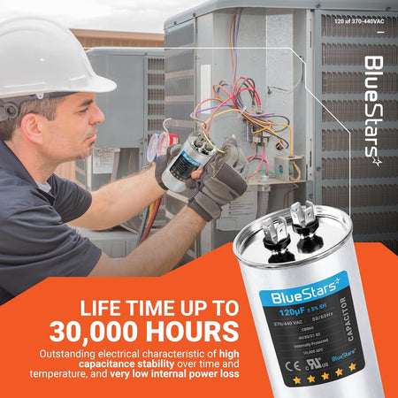 Technician installing a 120 uF 370/440 VAC round run capacitor into an AC condenser unit.