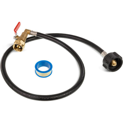 3-foot propane refill adapter hose with QCC Type1 inlet, shut-off valve, and roll of sealing tape.