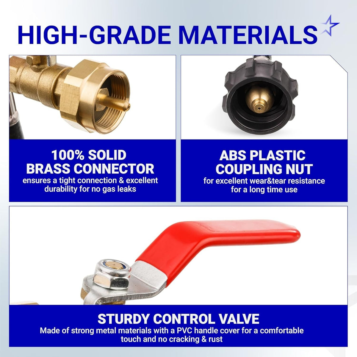 Close-up of propane refill adapter hose components including brass connector, ABS coupling nut, and red control valve.
