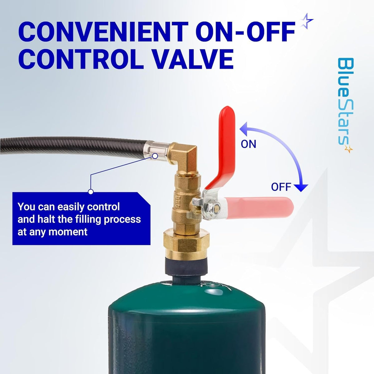 Close-up of propane refill adapter hose featuring an easy-to-use red on-off control valve for 1 lb gas bottles.