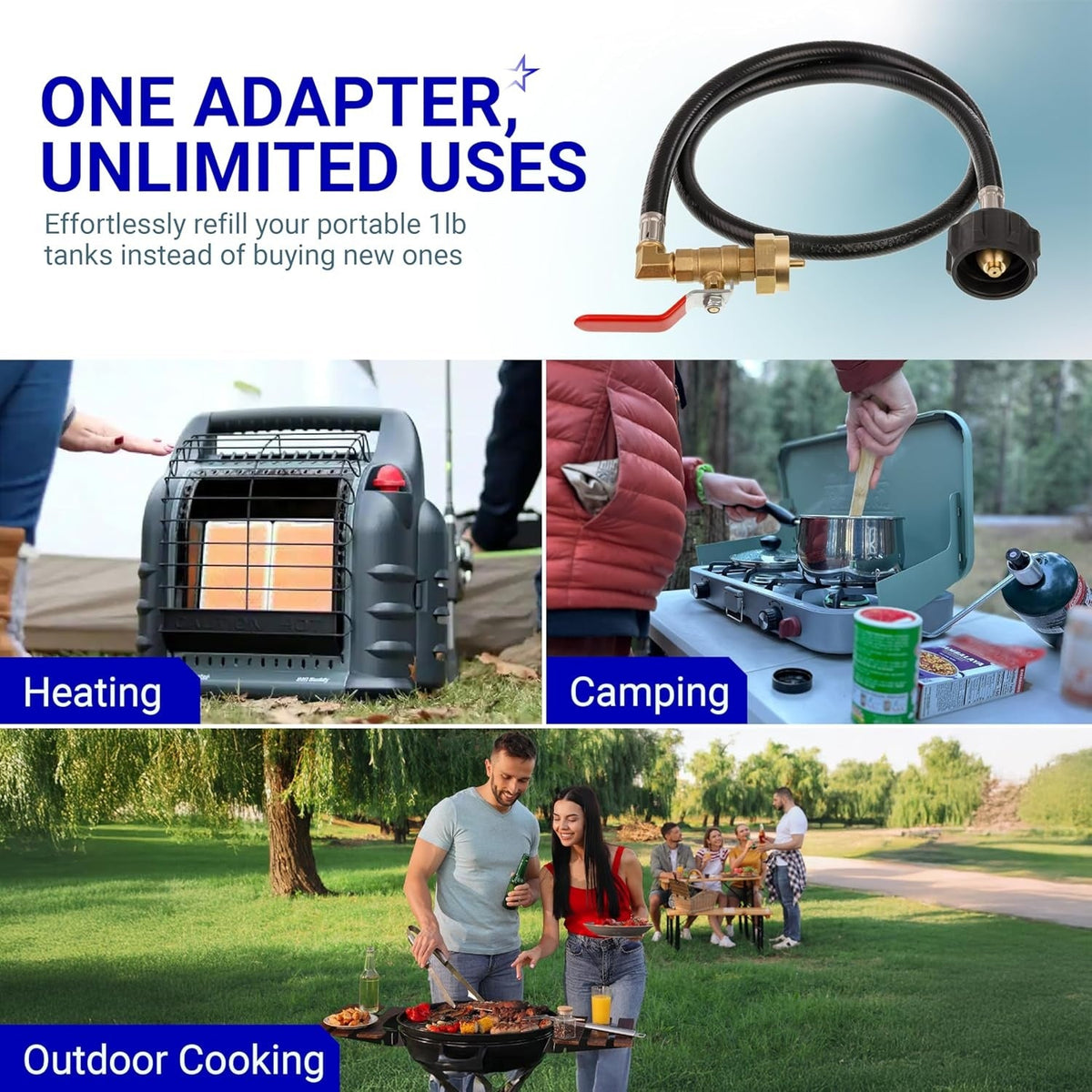 Infographic showing 3-foot propane refill adapter hose used for heating, camping, and outdoor cooking applications.