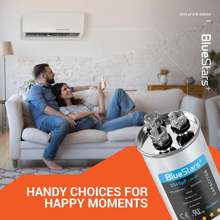 BlueStars 25+5 uF dual run capacitor for air conditioner units shown in a lifestyle living room setting.