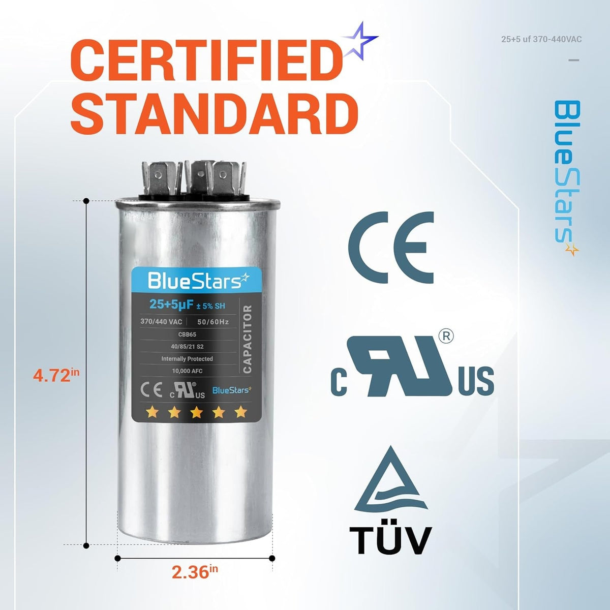 BlueStars 25+5 uF 370/440 VAC dual run round air conditioner capacitor with dimensions and certification labels.
