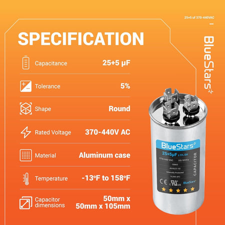 Specification chart for 25+5 uF dual run round air conditioner capacitor with technical details.