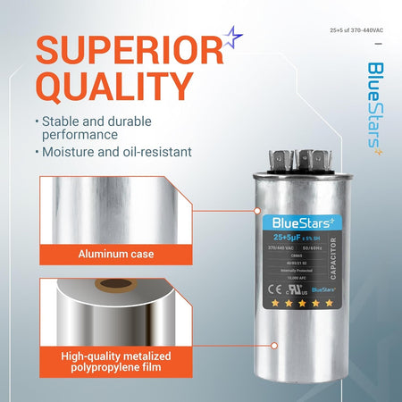 BlueStars 25+5 uF dual run capacitor with aluminum case and metalized polypropylene film construction.