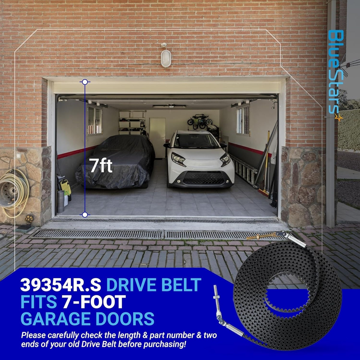 39354R.S drive belt for 7ft garage door shown with installation compatibility graphic.