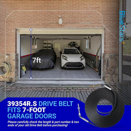 39354R.S drive belt for 7ft garage door shown with installation compatibility graphic.