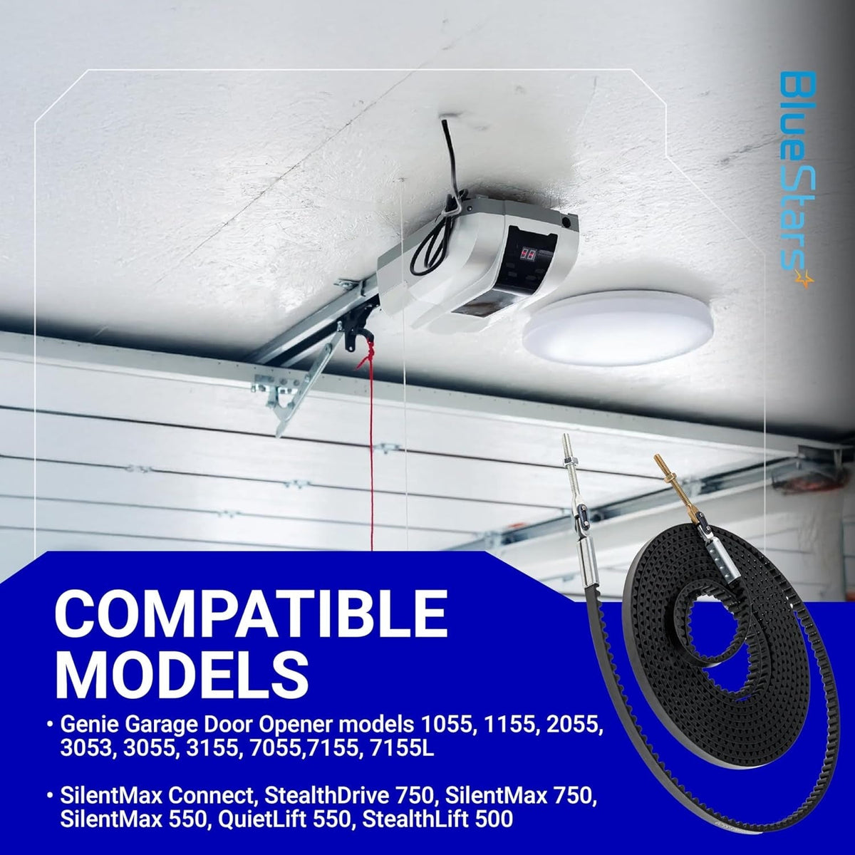 39354R.S drive belt for 7ft garage door opener with compatible model list and ceiling-mounted motor unit.