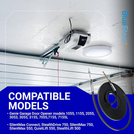 39354R.S drive belt for 7ft garage door opener with compatible model list and ceiling-mounted motor unit.