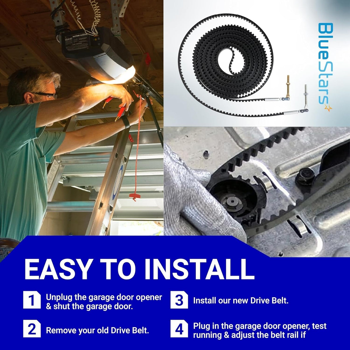 39354R.S drive belt for 7ft garage door opener with installation guide and visual assembly steps.