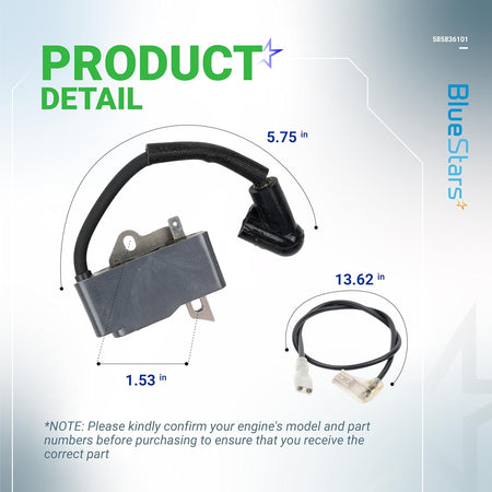 Ignition module coil for Husqvarna handheld blowers with dimension labels and wiring harness detail.