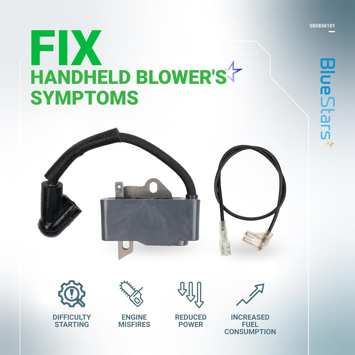 Replacement ignition coil module for handheld blowers with spark plug wire and connector cable.