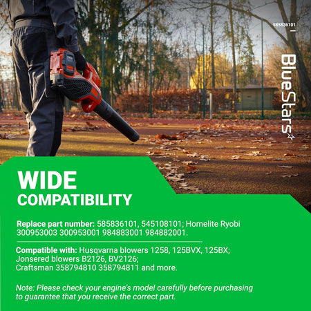 Person using a handheld leaf blower with text overlay highlighting compatibility for ignition module coil 585836101.