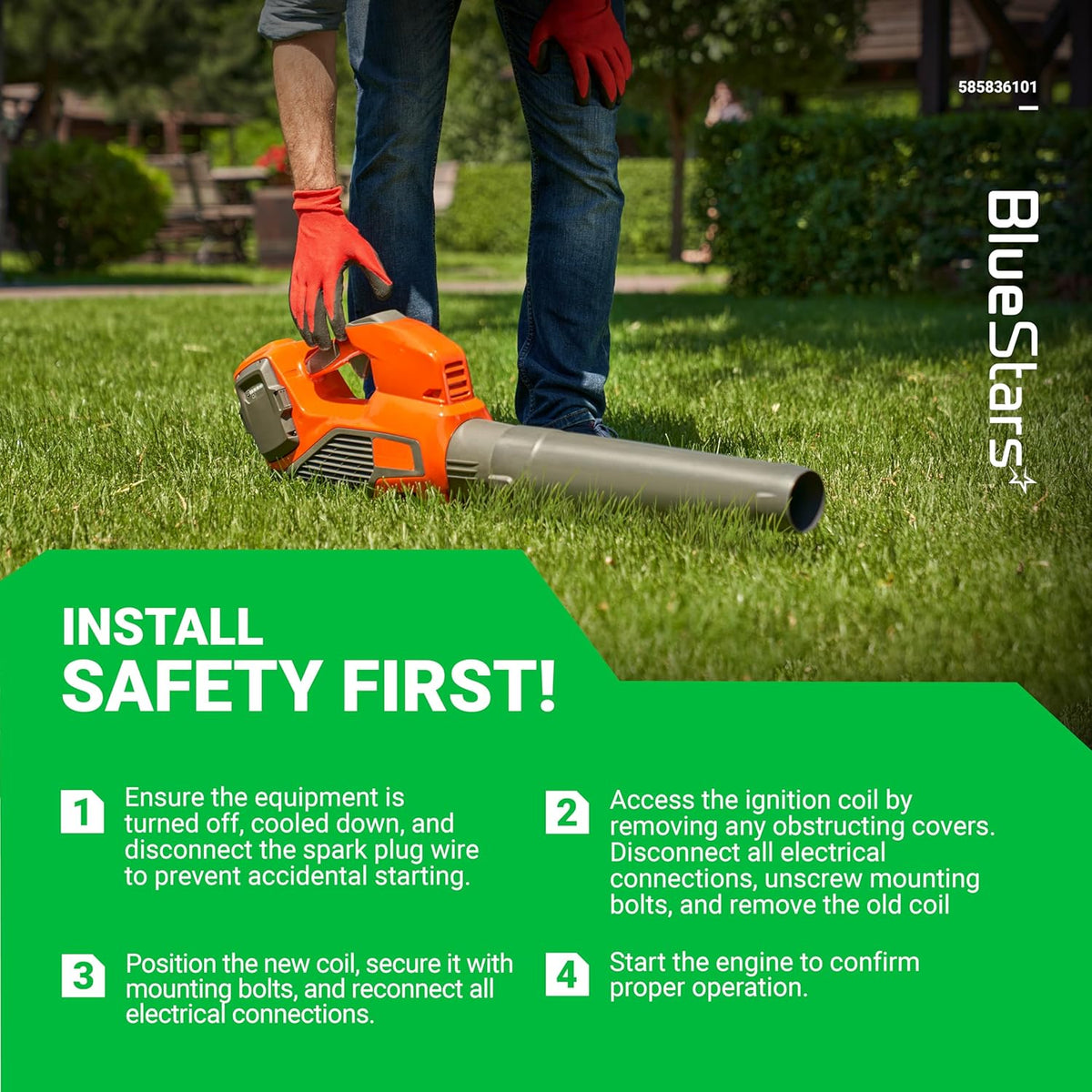 Instructional graphic for installing a handheld blower ignition module coil on Husqvarna and compatible leaf blowers.