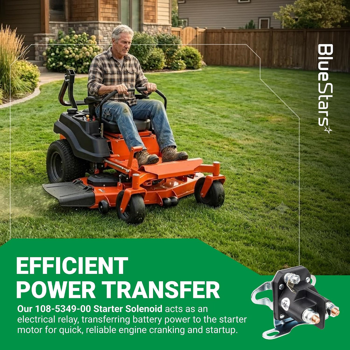 108-5349-00 starter solenoid shown beside a rider on an orange zero-turn mower; efficient power transfer graphic