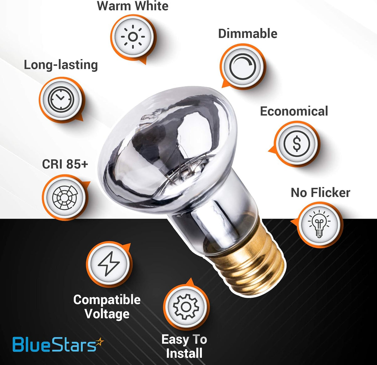 R39 E17 25W lava lamp bulb with infographic icons highlighting features like dimmable, long-lasting, and warm white light.