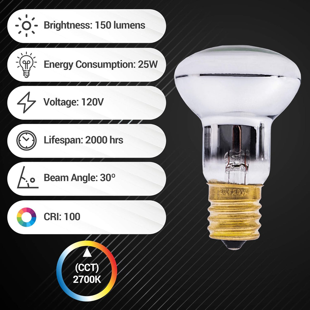 R39 E17 25W lava lamp bulb with technical specifications infographic showing brightness, voltage, and beam angle.