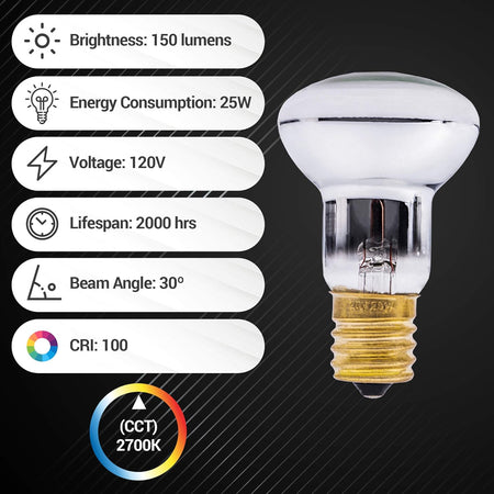 R39 E17 25W lava lamp bulb with technical specifications infographic showing brightness, voltage, and beam angle.