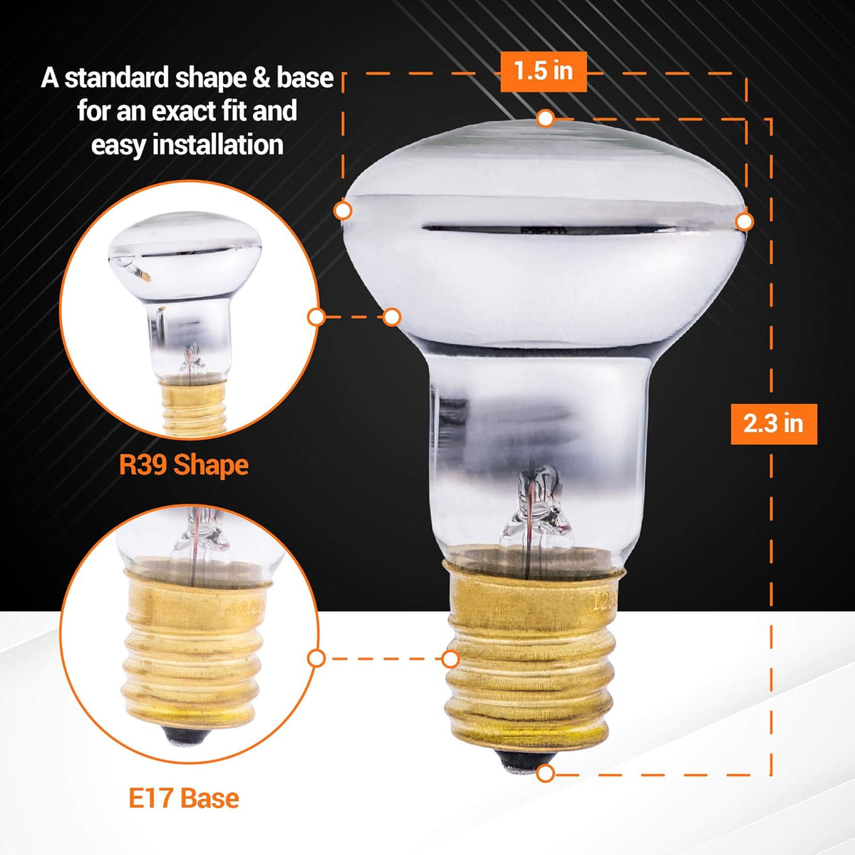 R39 25W lava lamp bulb with E17 base showing dimensions and shape details.