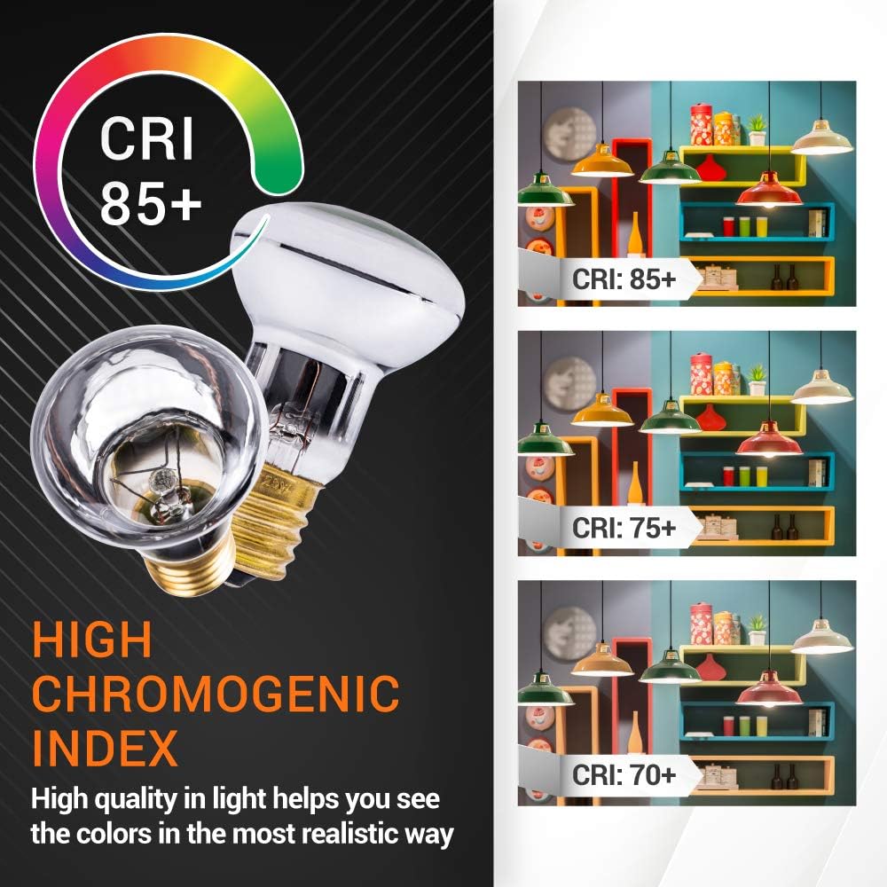 Two R39 E17 25W lava lamp bulbs showing high CRI 85+ color rendering comparison chart.