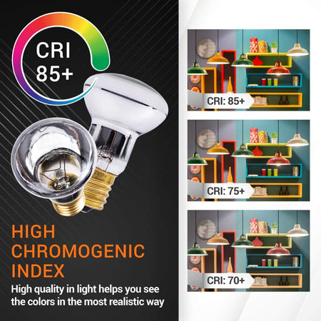 Two R39 E17 25W lava lamp bulbs showing high CRI 85+ color rendering comparison chart.