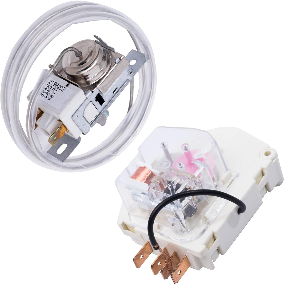 2198202 refrigerator cold control thermostat and W10822278 defrost timer for Whirlpool and Kenmore refrigerators.