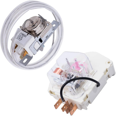 2198202 refrigerator cold control thermostat and W10822278 defrost timer for Whirlpool and Kenmore refrigerators.