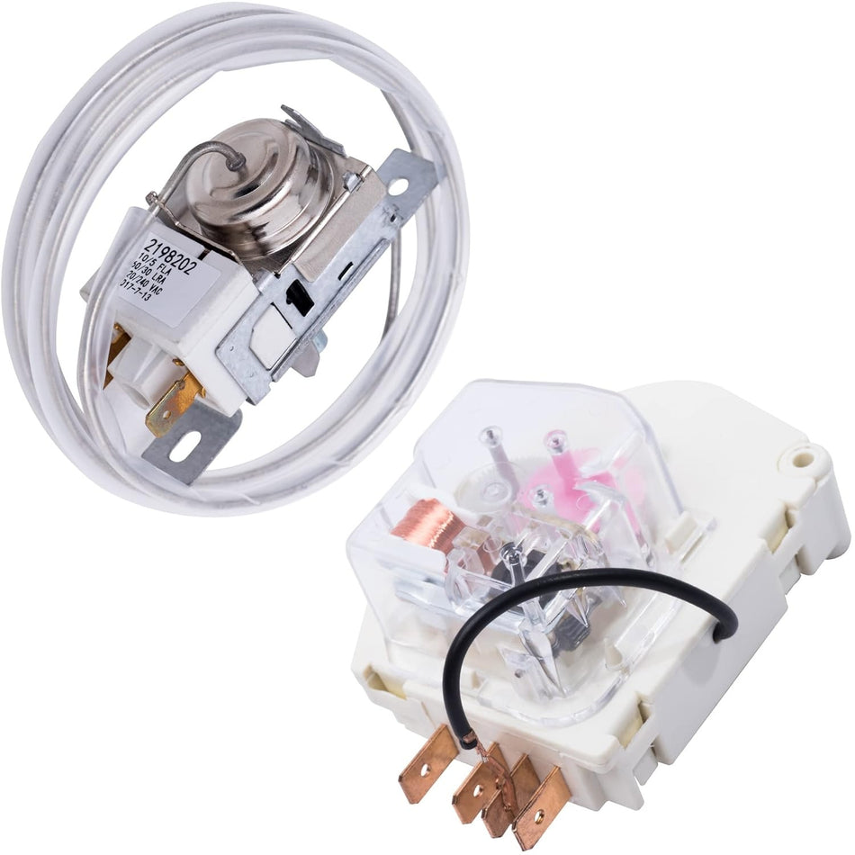 2198202 refrigerator cold control thermostat and W10822278 defrost timer for Whirlpool and Kenmore refrigerators.