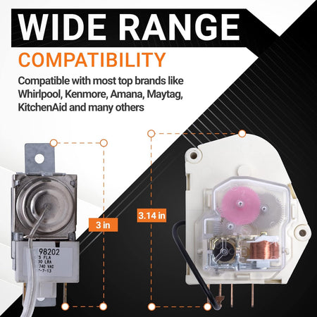Refrigerator cold control thermostat and defrost timer with dimension labels for Whirlpool and Kenmore compatibility.