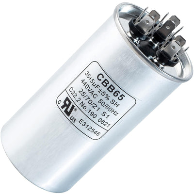 35+5 uF 440VAC round dual run capacitor for air conditioner and heat pump motor start.