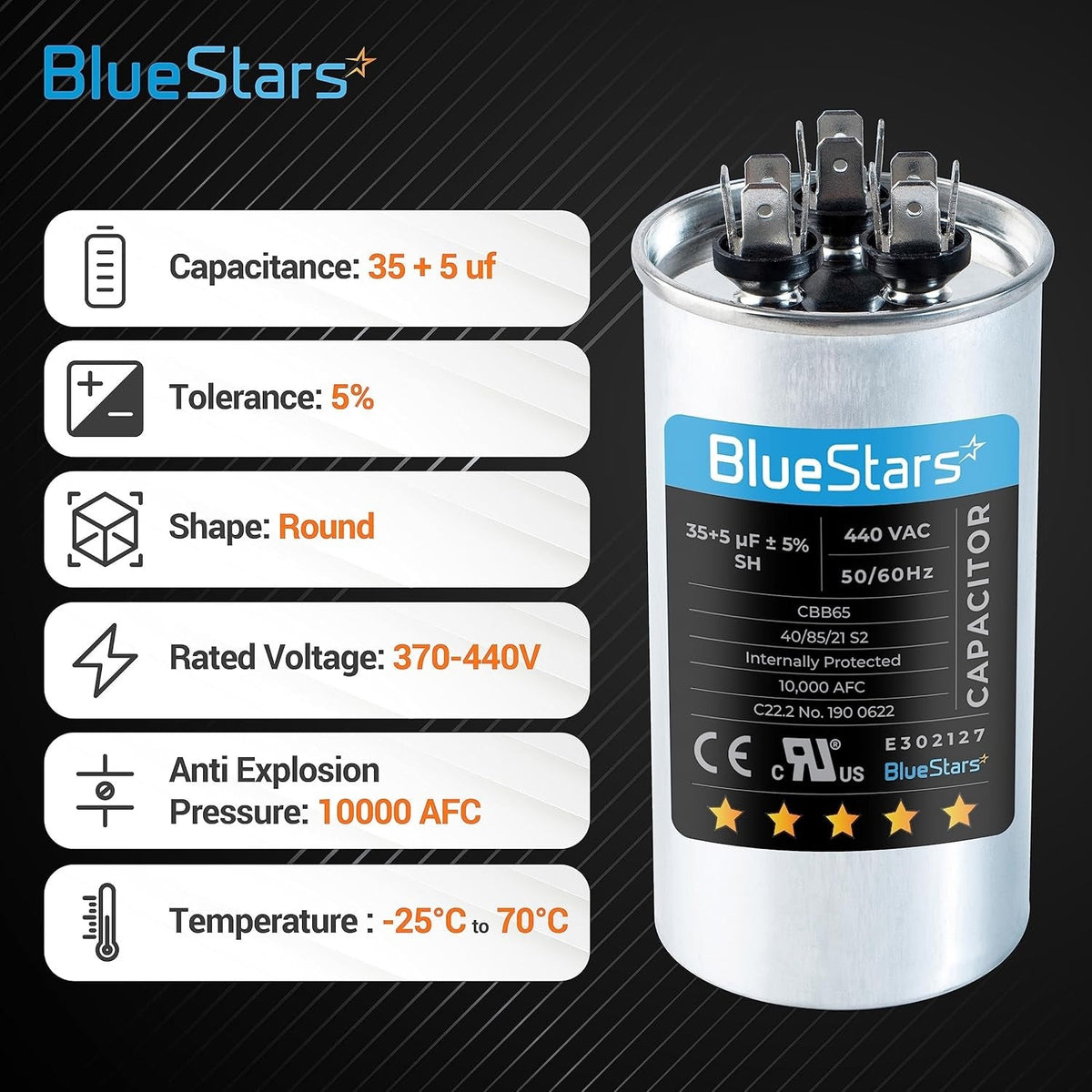 BlueStars 35+5 uF 370/440 VAC round dual run air conditioner capacitor with technical specifications infographic.