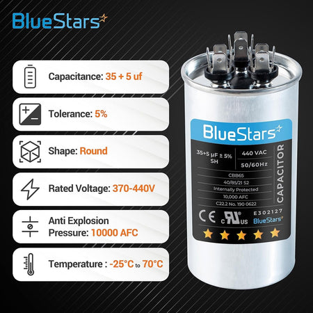 BlueStars 35+5 uF 370/440 VAC round dual run air conditioner capacitor with technical specifications infographic.