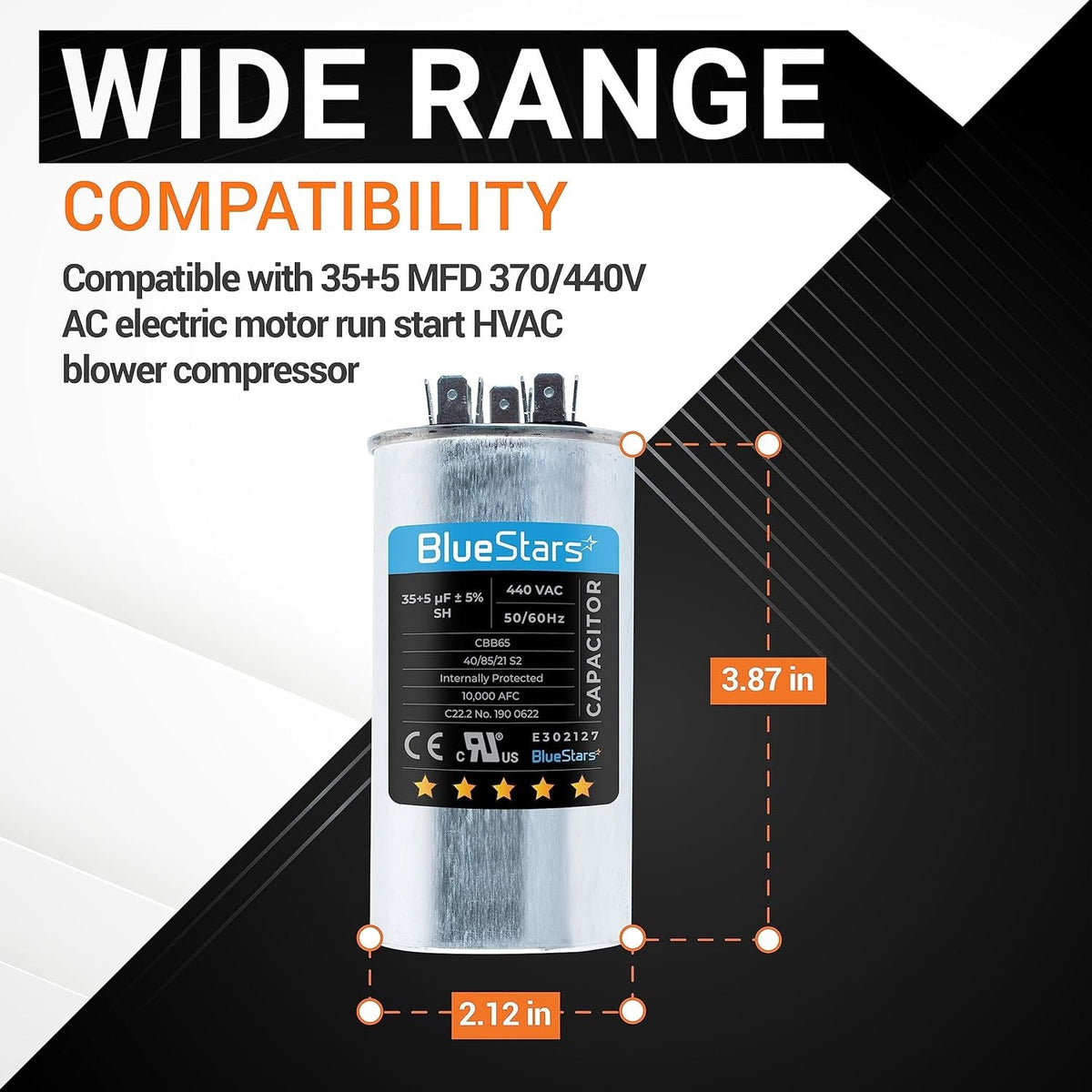 35+5 MFD 370/440 VAC dual run capacitor showing 3.87 inch height and 2.12 inch diameter dimensions.