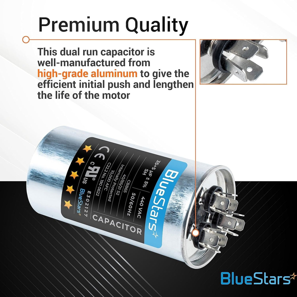 Infographic showing 35+5 uF dual run round air conditioner capacitor with close-up of terminal connectors.