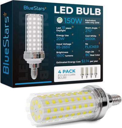 Single E12 20W LED corn light bulb in front of its 4-pack retail packaging box.