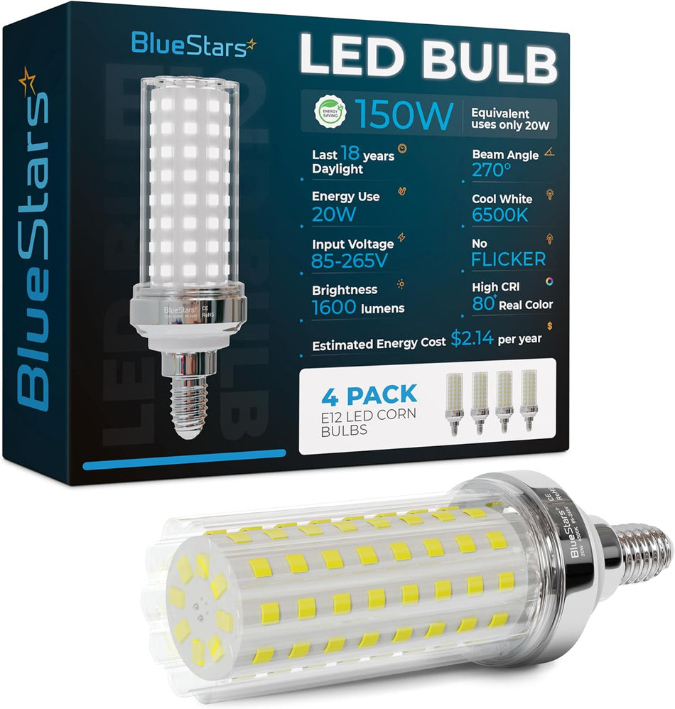 Single E12 20W LED corn light bulb in front of its 4-pack retail packaging box.