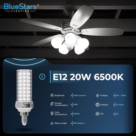 BlueStars E12 20W LED corn light bulb with 6500K daylight specifications and ceiling fan application infographic.