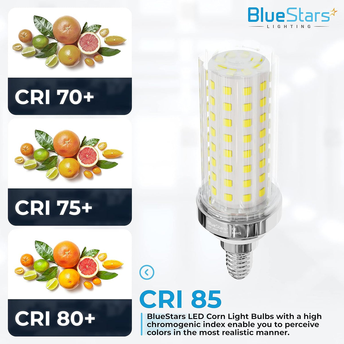 Single E12 20W LED corn light bulb showing high CRI 85 color rendering comparison chart.