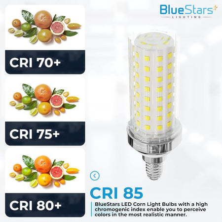 Single E12 20W LED corn light bulb showing high CRI 85 color rendering comparison chart.