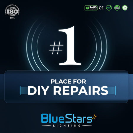 BlueStars Lighting promotional graphic for E12 20W LED corn light bulbs featuring ISO, RoHS, and energy saving certifications