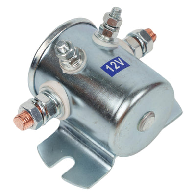 12V 4-terminal solenoid relay with metal housing and mounting bracket.