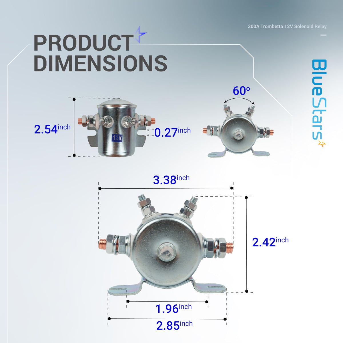 Technical diagram showing dimensions for 12VDC 300A solenoid relay with 4 terminals.