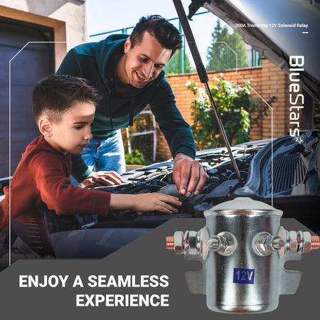 12VDC 300A 4-terminal solenoid relay shown in a lifestyle graphic with a father and son working on a car engine.