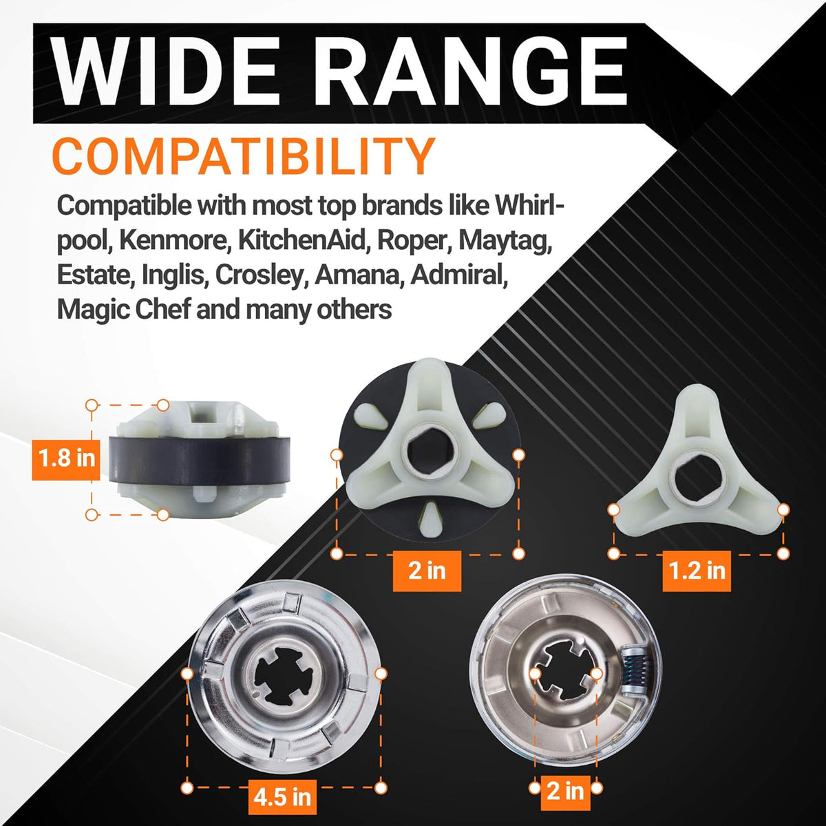 Dimensional diagram showing size specifications for washer clutch assembly and motor coupling components.