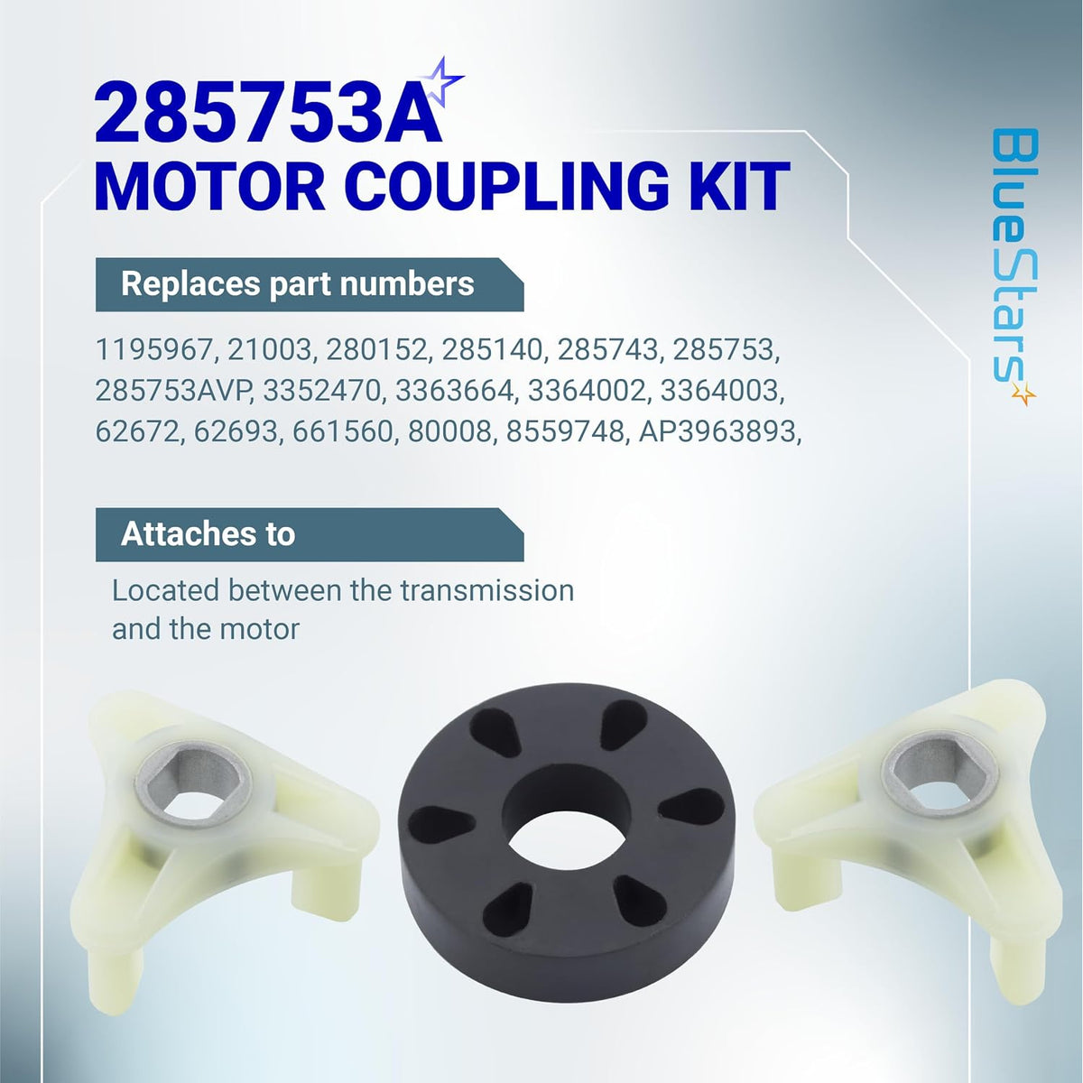 285753A Motor Coupling Kit graphic showing two white couplers and a black center disc with replacement part numbers