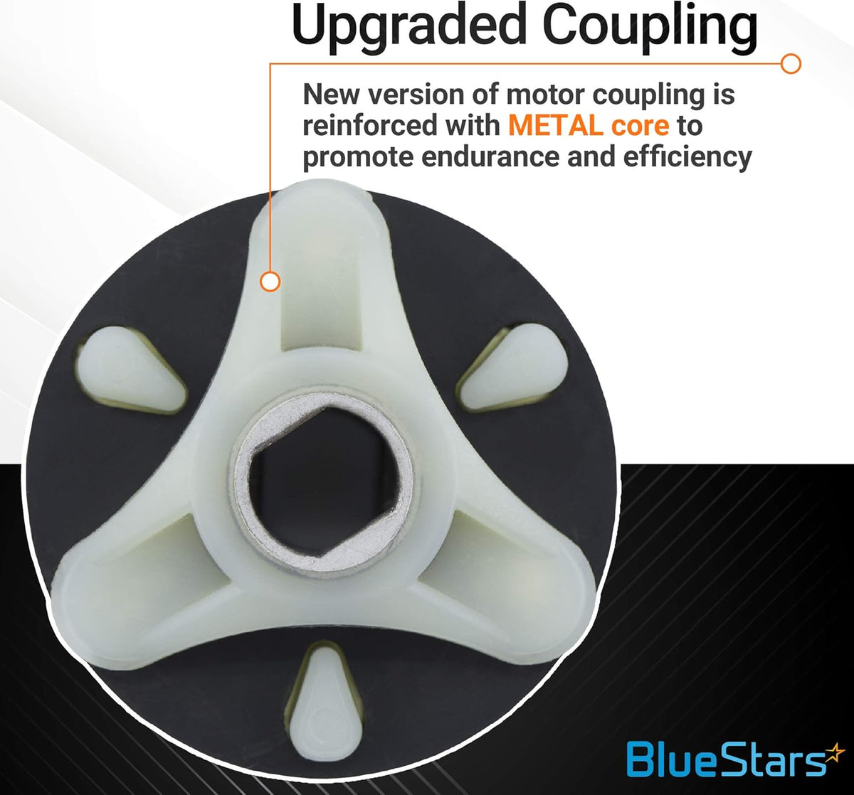 Upgraded washer motor coupling with reinforced metal core for Whirlpool and Kenmore washing machines.