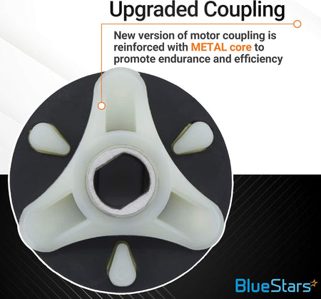 Upgraded washer motor coupling with reinforced metal core for Whirlpool and Kenmore washing machines.