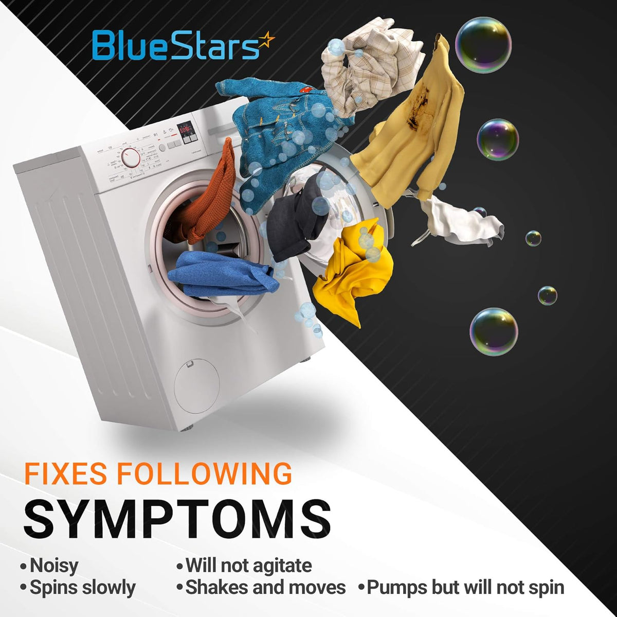Graphic showing Whirlpool and Kenmore washer symptoms fixed by 285785 clutch kit and 285753A motor coupling replacement.
