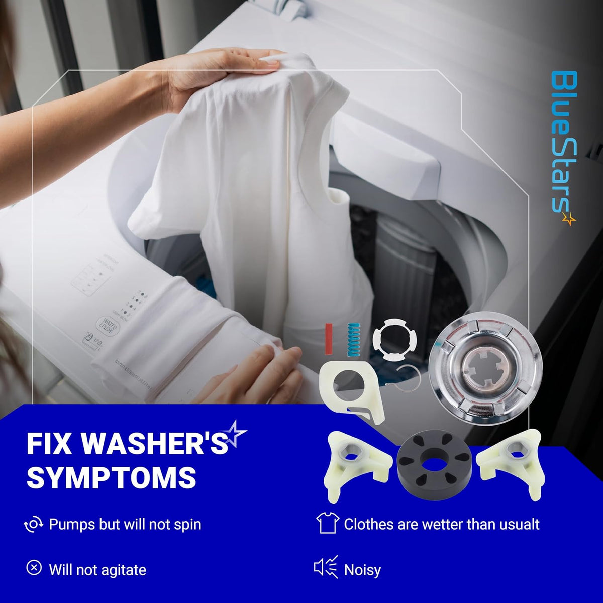 285785 Washer Clutch Assembly Kit & 285753A Motor Coupling graphic showing washer symptoms and replacement parts