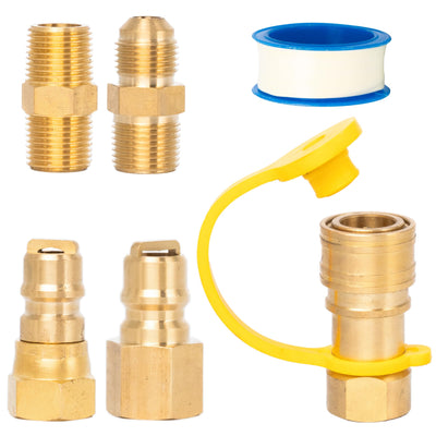 3/8 inch brass natural gas quick connect fitting assembly set with thread seal tape for propane and gas systems.